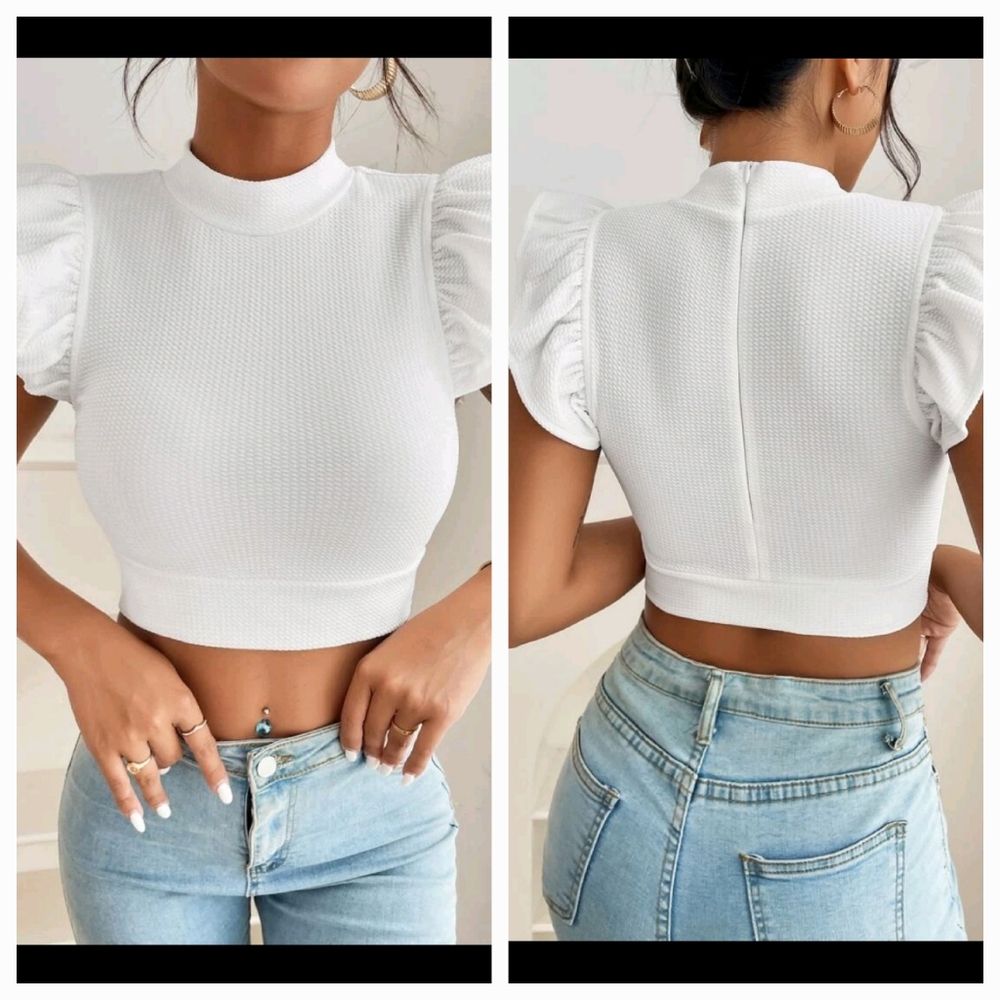 Petite Large Shein White Ruffle Shortsleeve Crop Top
